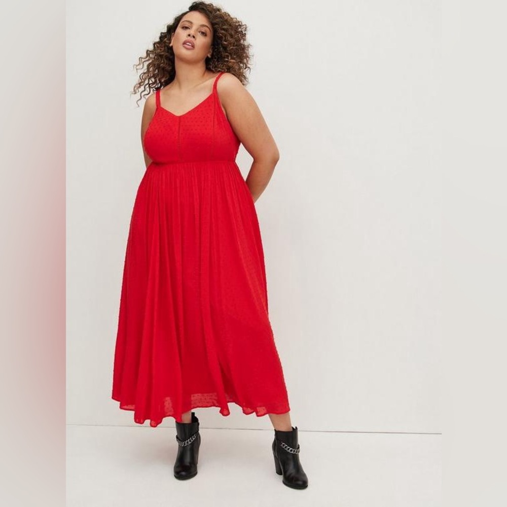 NWT Torrid Women’s Ladder Trim Swiss Dot Chiffon‎ Red Maxi Dress Size 00